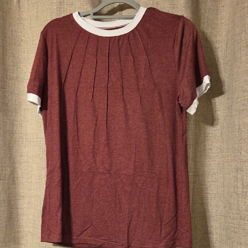 Maroon Pleated T-Shirt with White Accents